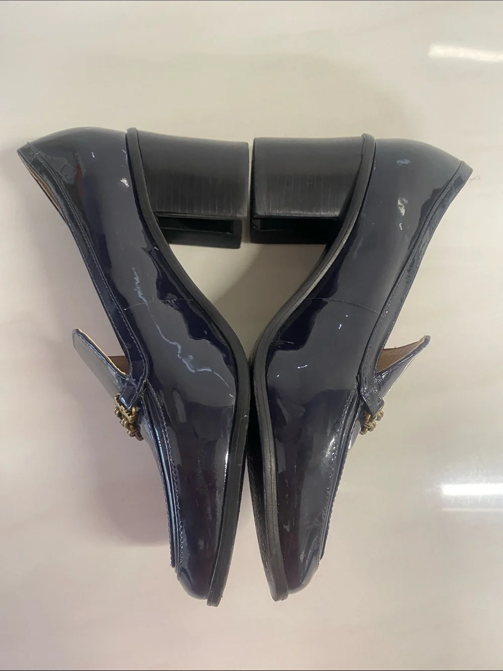 TORY BURCH Navy Patent Loafers with Gold Chain